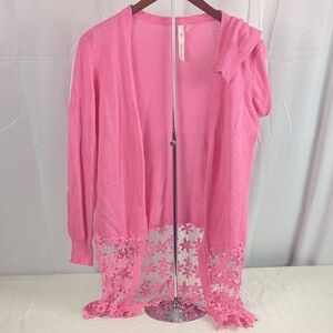 NY Collection Pink Open-Front Lace Hem Cardigan